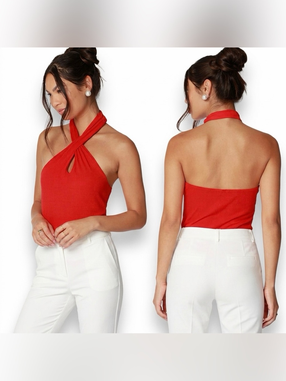 Bobi Los Angeles Women’s Red Sleeveless Keyhole  Twist Halter Crop Top Size Medi